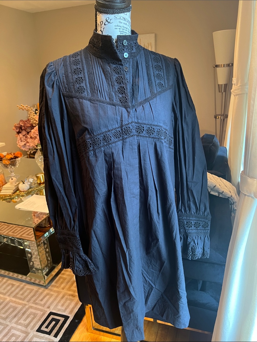 Rebecca Tylor Black Lace-Trim Long Sleeve Dress